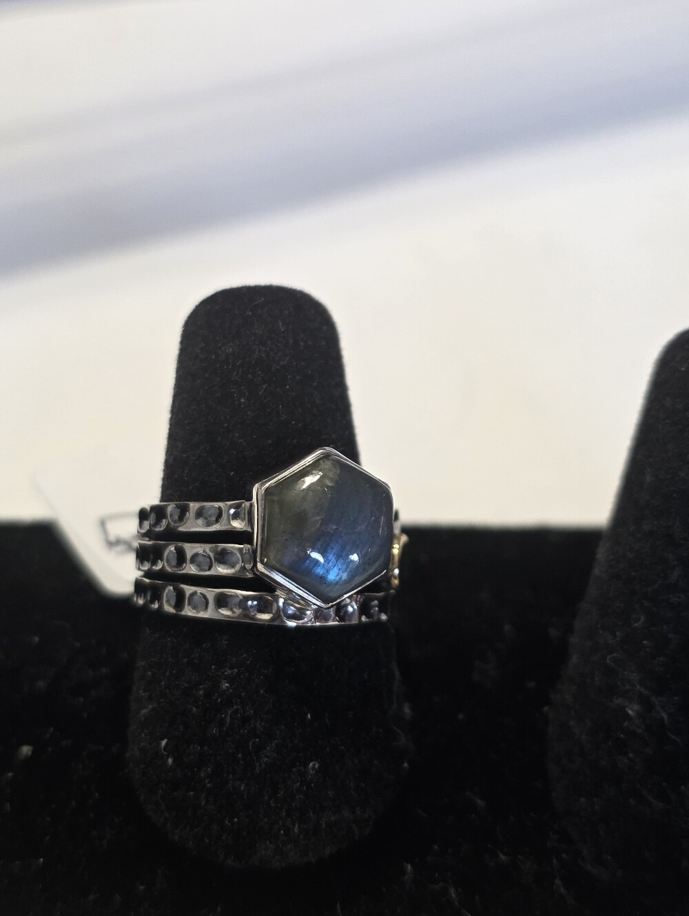 Hexagon Labradorite Stack Ring in Silver with Blue Flash